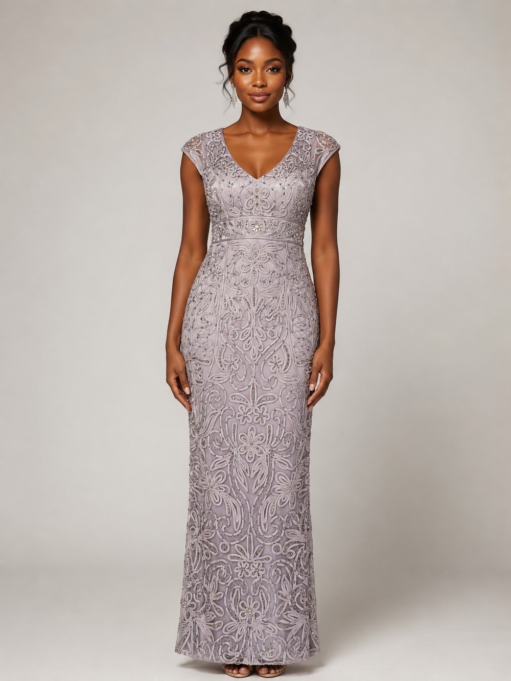 Sue Wong Vintage Gray Silver Embellished Beaded V-Neck Formal Maxi Gown Size 2